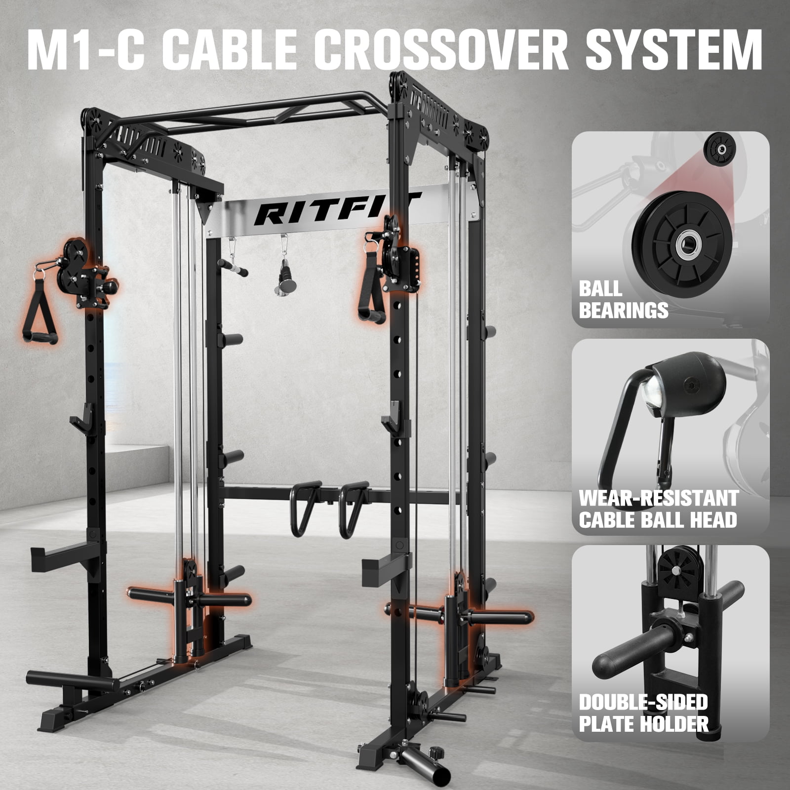 RitFit M1-C Power Cage with Cable Crossover System, 1600 LBS Capacity Squat Rack with Pull-up Bar, LAT Pulldown and Weight Storage, for Garage Workout & Home Gym