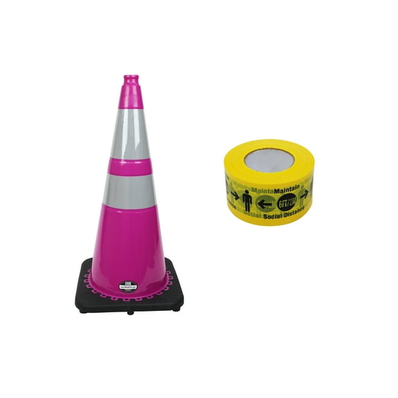RK-Safety 28" Pink Traffic Safety Cone, Black Base Two Tape with High-Visibility Pandemic Barricade Tape (4 cone 1 Roll Tape )