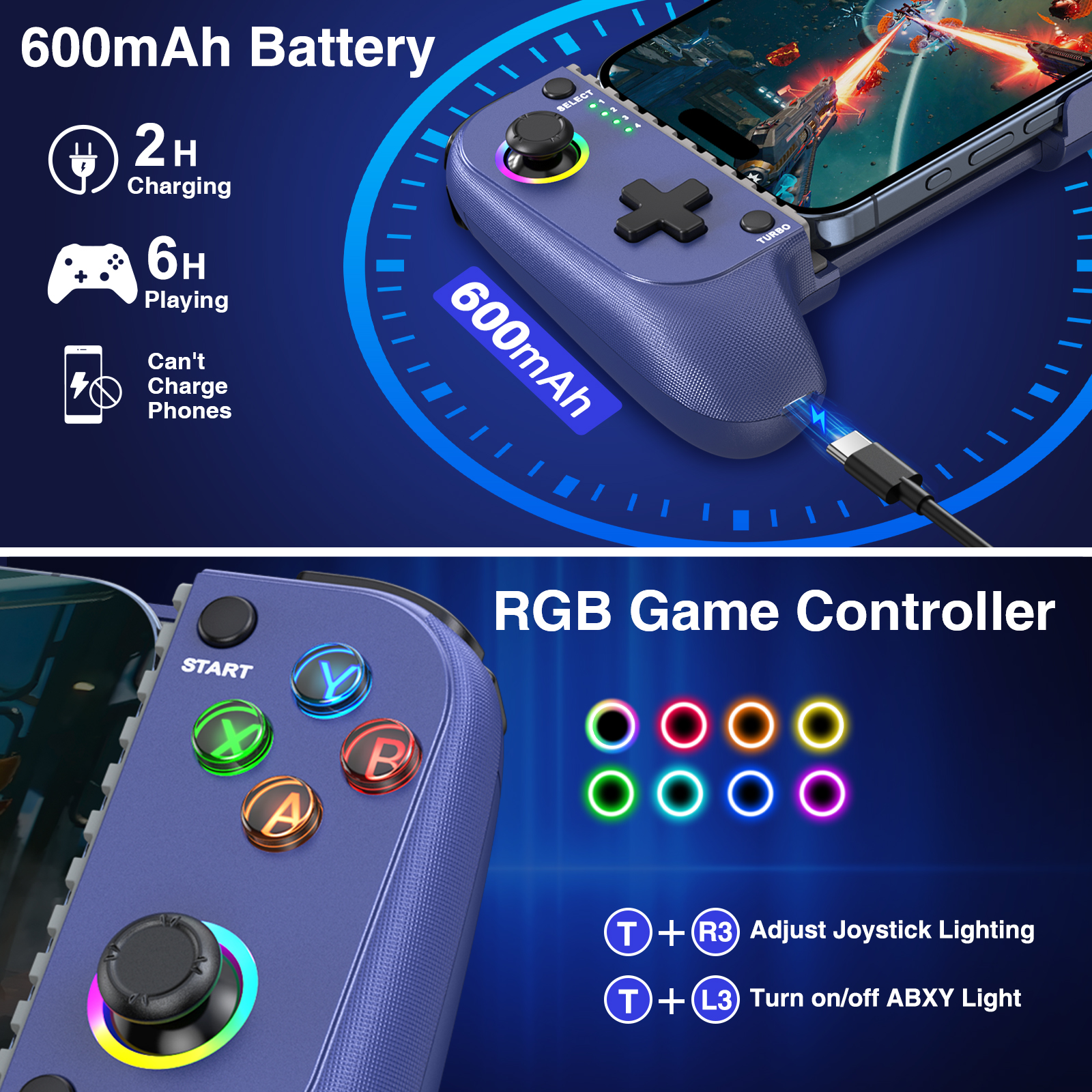 Controlador de Juegos Móvil para iPhone y Android, Controlador Inalámbrico QQV con RGB, Botones Traseros Programables, Diseño Extensible, Azul 4