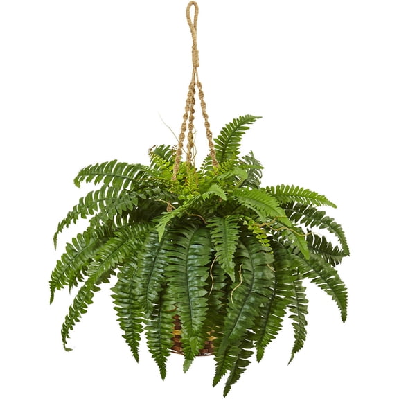 Nearly Natural Boston Fern Hanging Basket with Pinnate Leaflets in Green/Brown