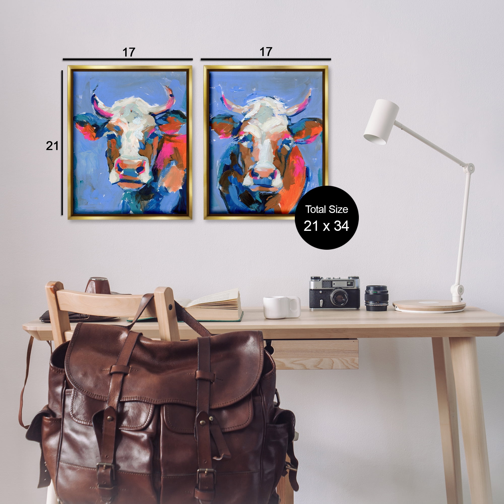 Stupell Industries Guernsey Cow Horned Portrait Animals Painting Gold Floater Framed Canvas Art Print Wall Art, 17 x 21, Set of 2