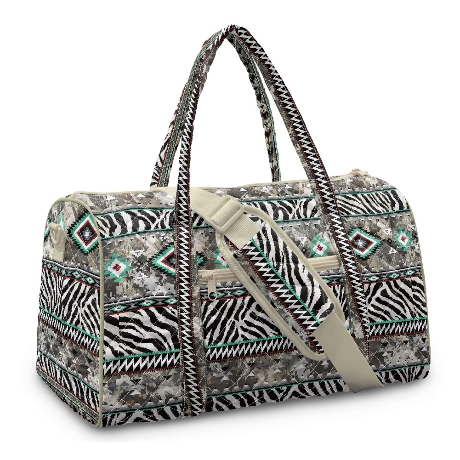 Garronmavis Large Quilted Duffle Bag for Women Tribal Zebra Print Weekender Travel Overnight Bag Carry On Gym Dance Tote with Zipper Pockets