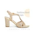 thumbnail image 3 of BLISSFUL STEP Glitter Sparkly Heels Crisscross Strap Chunky Heel Sandals for Women Gold (Size 9), 3 of 6