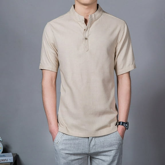 Handshe Men's Short - Sleeved Cotton - Linen Blend Stand - Collar Slim Fit T - shirt