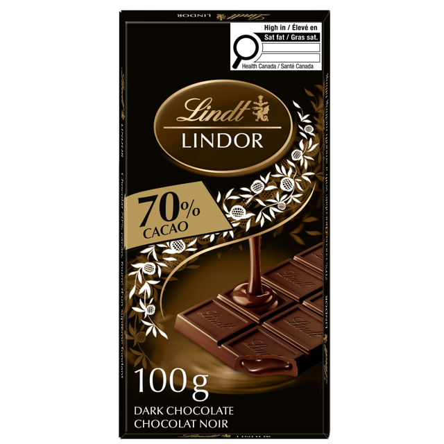Lindt LINDOR 70% Cacao Dark Chocolate Bar, 100 Grams