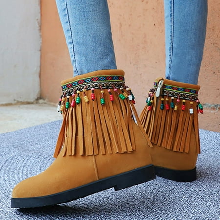 

FZM Women shoes cowboy boots Autumn Winter Mid-tube Fringed Women Pendant Short Boots Retro Folk Style Warm Internal Increase Flat-bottomed Cotton Boots