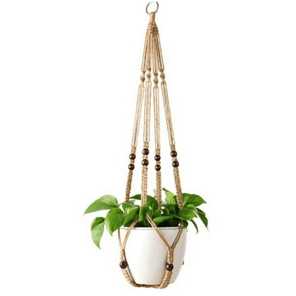 Summer Deal! Eguiwyn 1*Woven Net Bag Macrame Hanger Indoor Jute Hanging Planter Basket with Wood Beads Decorative Flower Pot Holder No Tassels for Indoor Outdoor Boho Home Decor 35 Inch Brown
