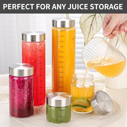 GOLRISEN 8 Oz Glass Juice Bottles, 4 Pack Glass Bottles with Lids, BPA Free, Borosilicate Glass, Leak Proof Lids for Juicing, Smoothies, Infused Water, Beverage Storage, Shaker Bottles