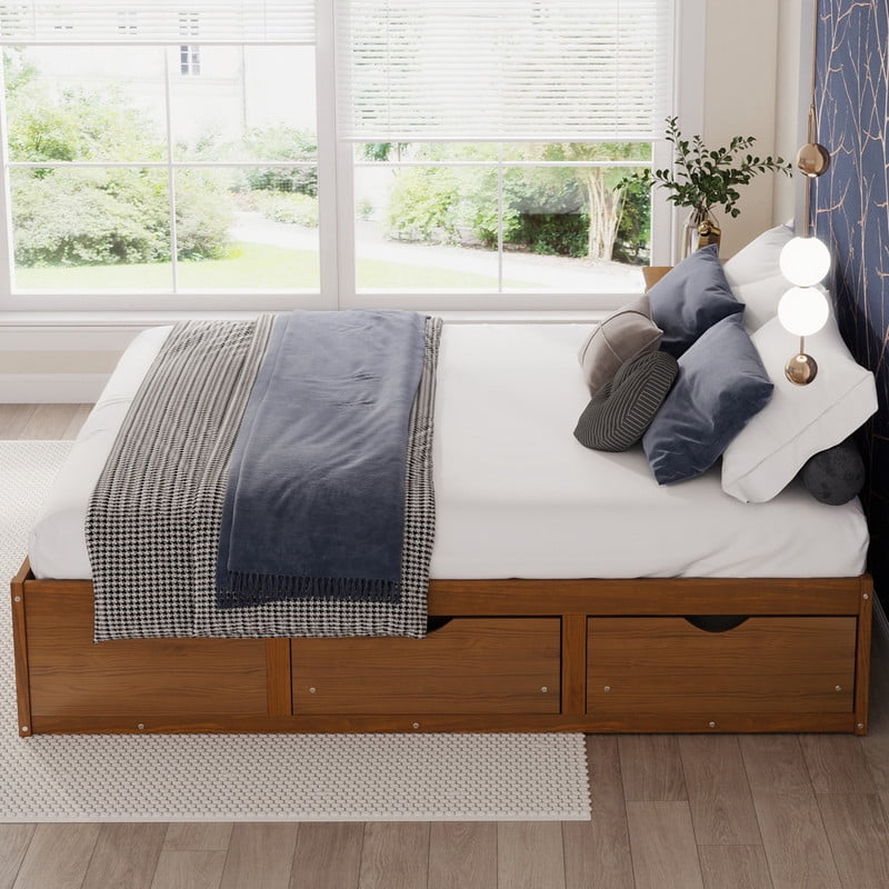 Queen/King Size No Box Spring Required Platform Bed with No Headboard, Wooden Storage Bed Frame with 6 Drawers