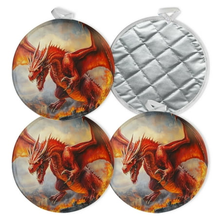 

4 PCS Pot Holders for Kitchen Potholders Sets with Hook for Oven Cooking Baking Fire Dragon With Black Horns And Wings Spread Wide