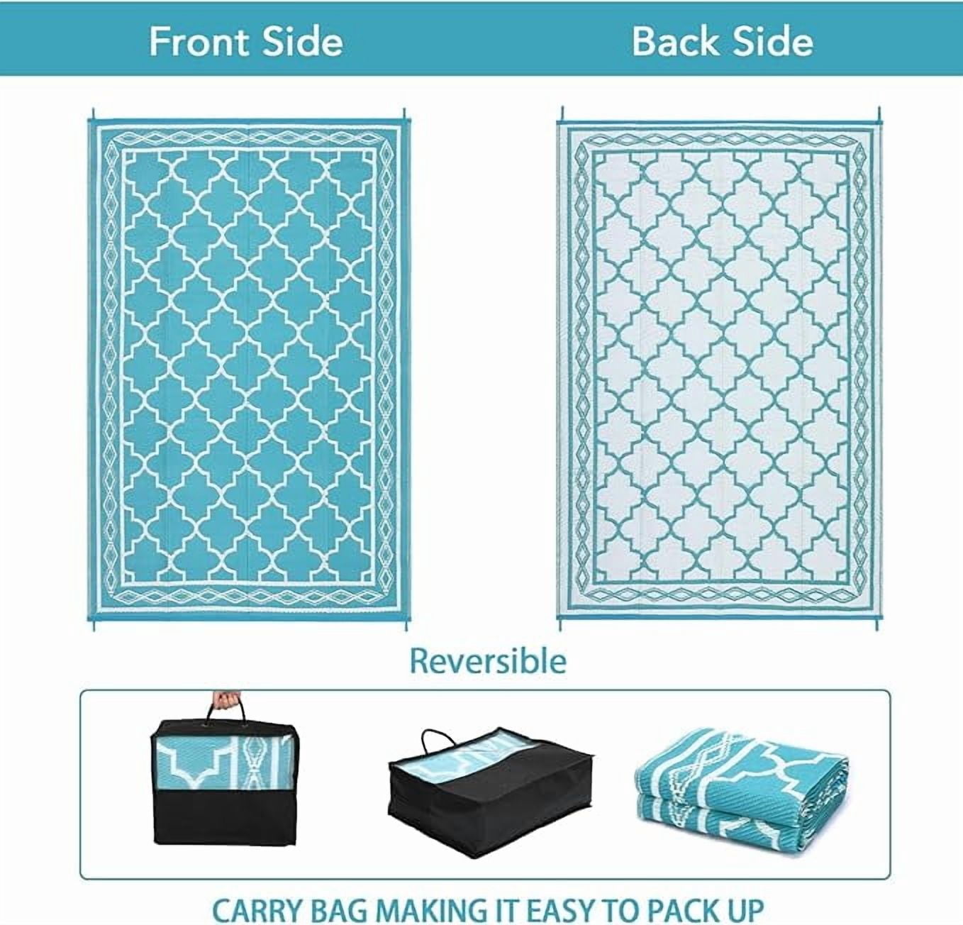 Outdoor Rug 5x8 Reversible Mats, Plastic Straw Rug, Large Floor Mat and Rug for Outdoors, Modern Area Rug, Patio, Backyard, Deck, Picnic, Beach, Trailer, Camping, Teal/White(Geometric)