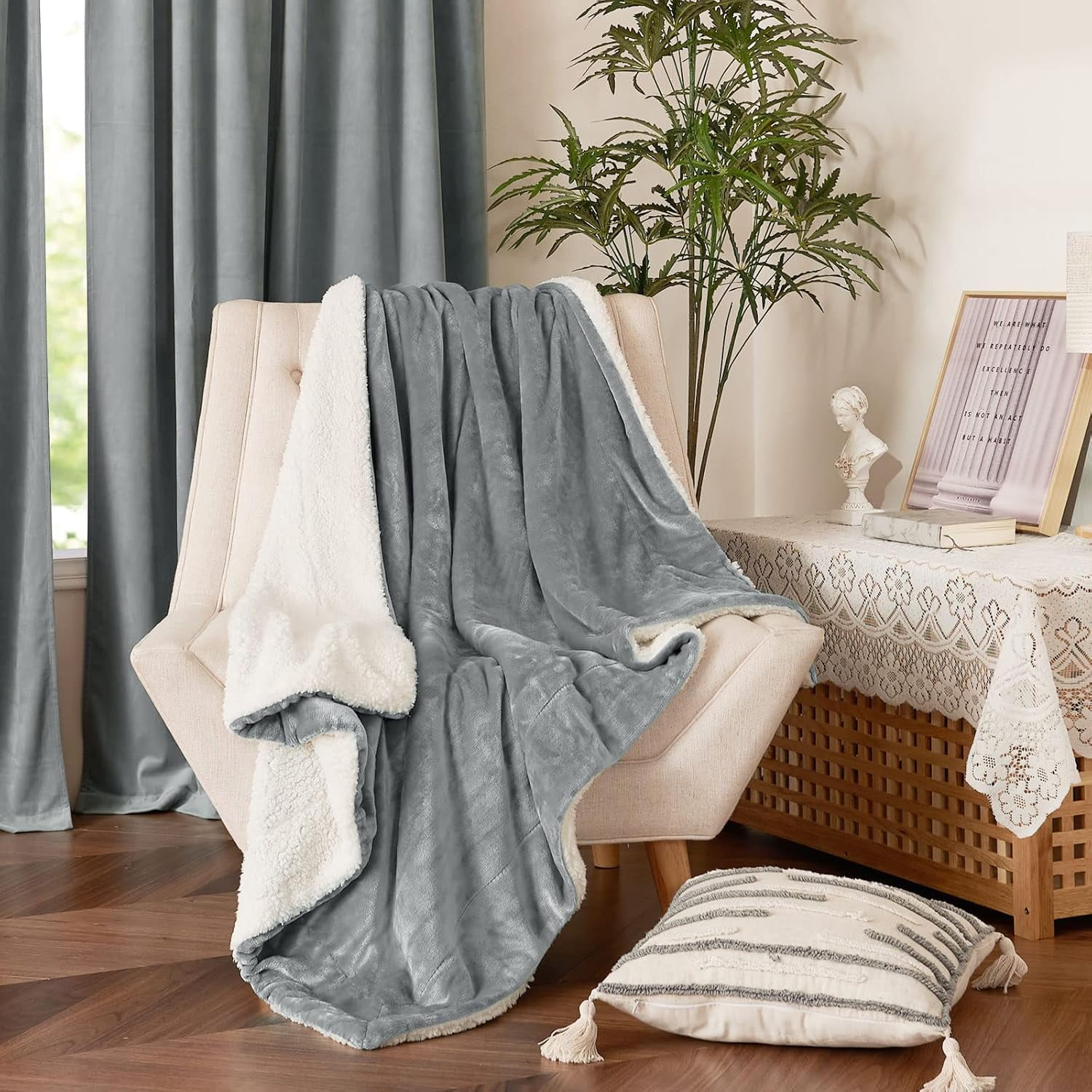 Sherpa Blanket Thick Soft Comfy Light Grey Dual Sided Lightweight Fleece Car Blankets for Camper RV, Cozy Warm Throw Blanket for Baby/Couch/Sofa/Bed, 50 inches x 60 inches