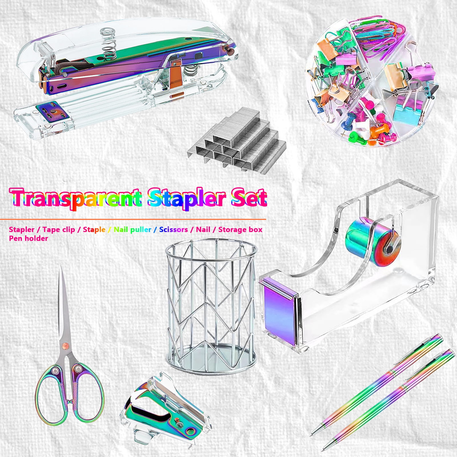 Arcticwind Desk Accessories Acrylic stapler set,staple remover,Phone Holder,Tape Dispenser,Tape/Pen Holder,Scissor,Ballpoint Pen,Binder Clips,Paper Clips and Staples.(8 piece Iridescent set)