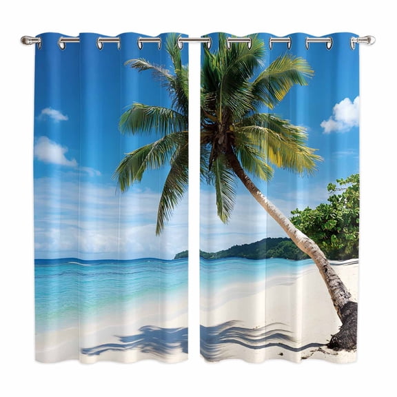 Coastal Tropical Kitchen Curtains 63 Inch Length, Blue Sky Coconut Tree Summer Beach Grommet Top Bedroom Living Room Curtains, Light Filtering Cafe Curtain Drapes 2 Panels Set 84''x63''