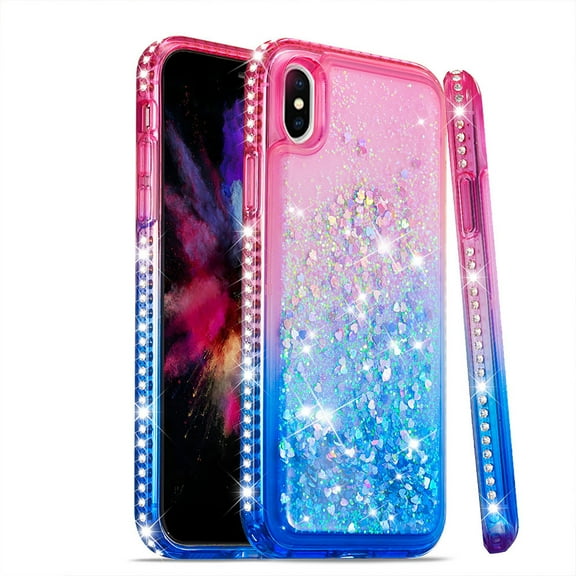 Mignova iPhone X , iPhone Xs Flash Case, Durable and Cute Colorful Quicksand Series Bling Diamond Flowing Liquid Floating Shockproof Cover case for Apple iPhone X , iPhone Xs 5.8 inch - Red Blue