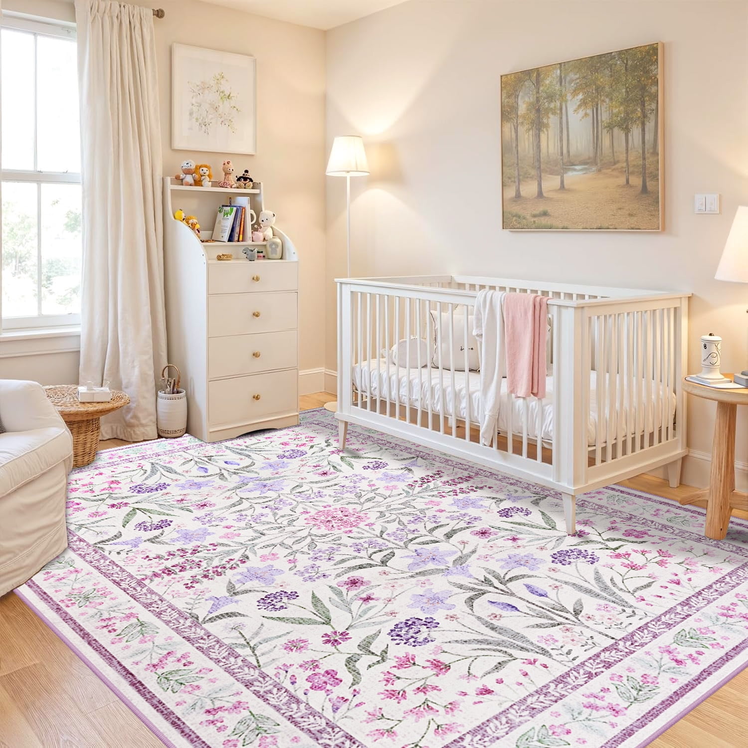 Wondo 4x6 Ft Purple Floral Area Rug - Machine Washable Low Pile Non-Slip Carpet, Boho Vintage Farmhouse Decor for Living Room, Bedroom, Nursery & Office