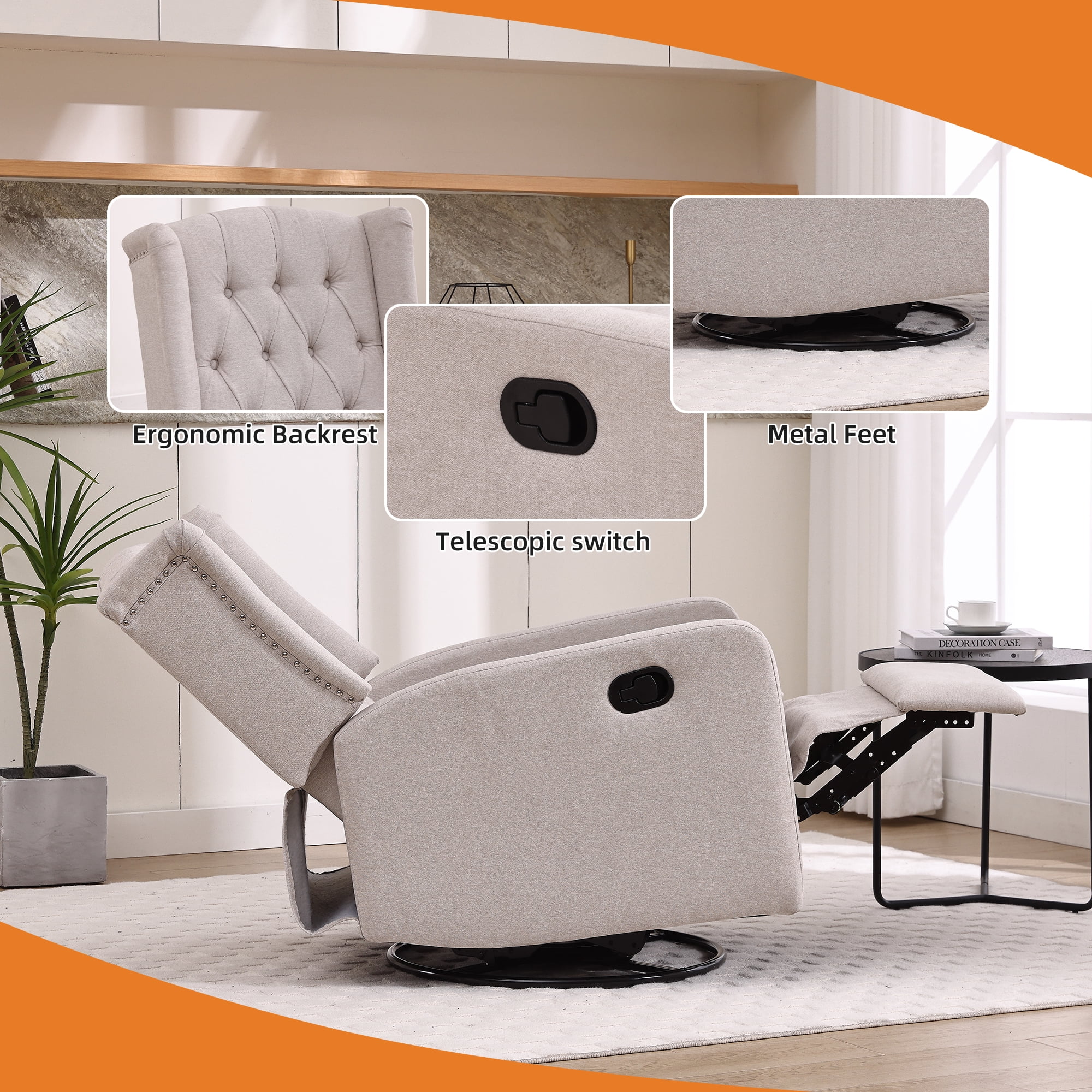 MOONMISS Linen Upholstered 360 Degree Swivel Rocking Recliner Chair for Bedroom,Living Room-Beige