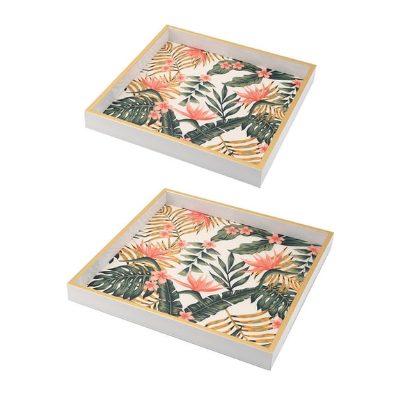 Benjara Floral Printed Decorative Trays- Crisp White/Pink- Green (Set of 2)