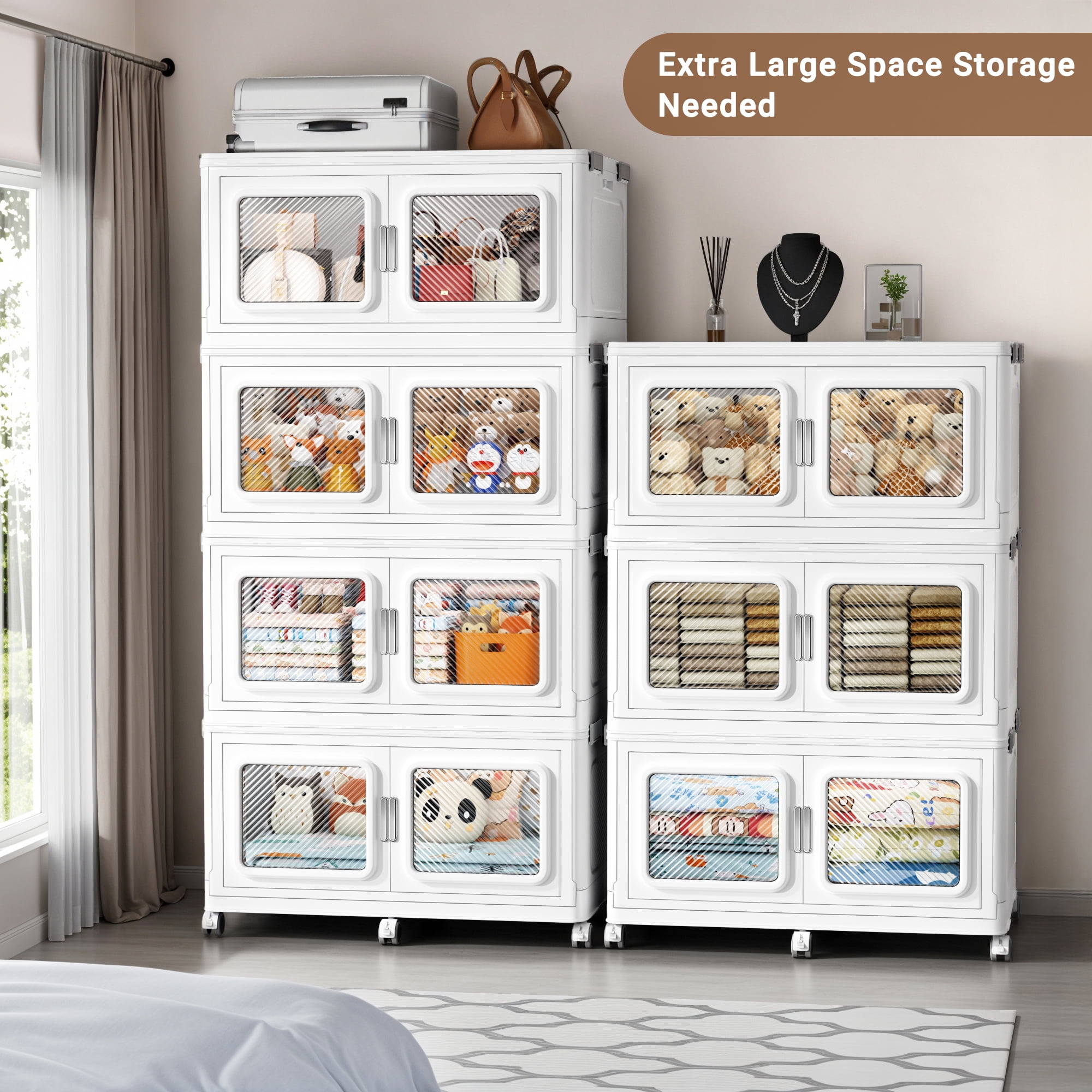 660Qt Extra Large Stackable Storage Bins with Lid, 165Gal Collapsible Closet Organizer and Storage Drawers with Wheels, 3-Pack Totes for Storage Clearance, White