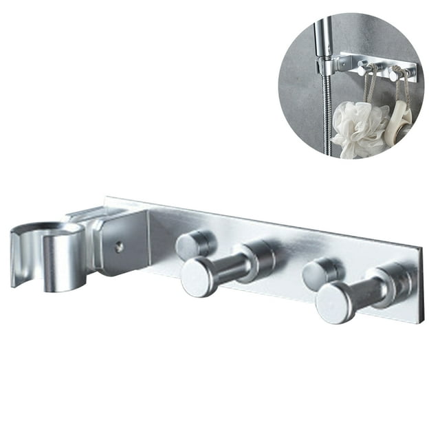 Soporte de cabezal de ducha Soporte de montaje en pared con 2 ganchos para colgar Soporte de ducha de mano Sin necesidad de taladro Adepaton 2034953-3