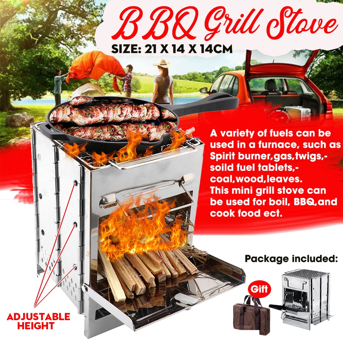 Potable Folding Outdoor Camping Wood Stove Picnic BBQ Grill Stainless Steel Set 