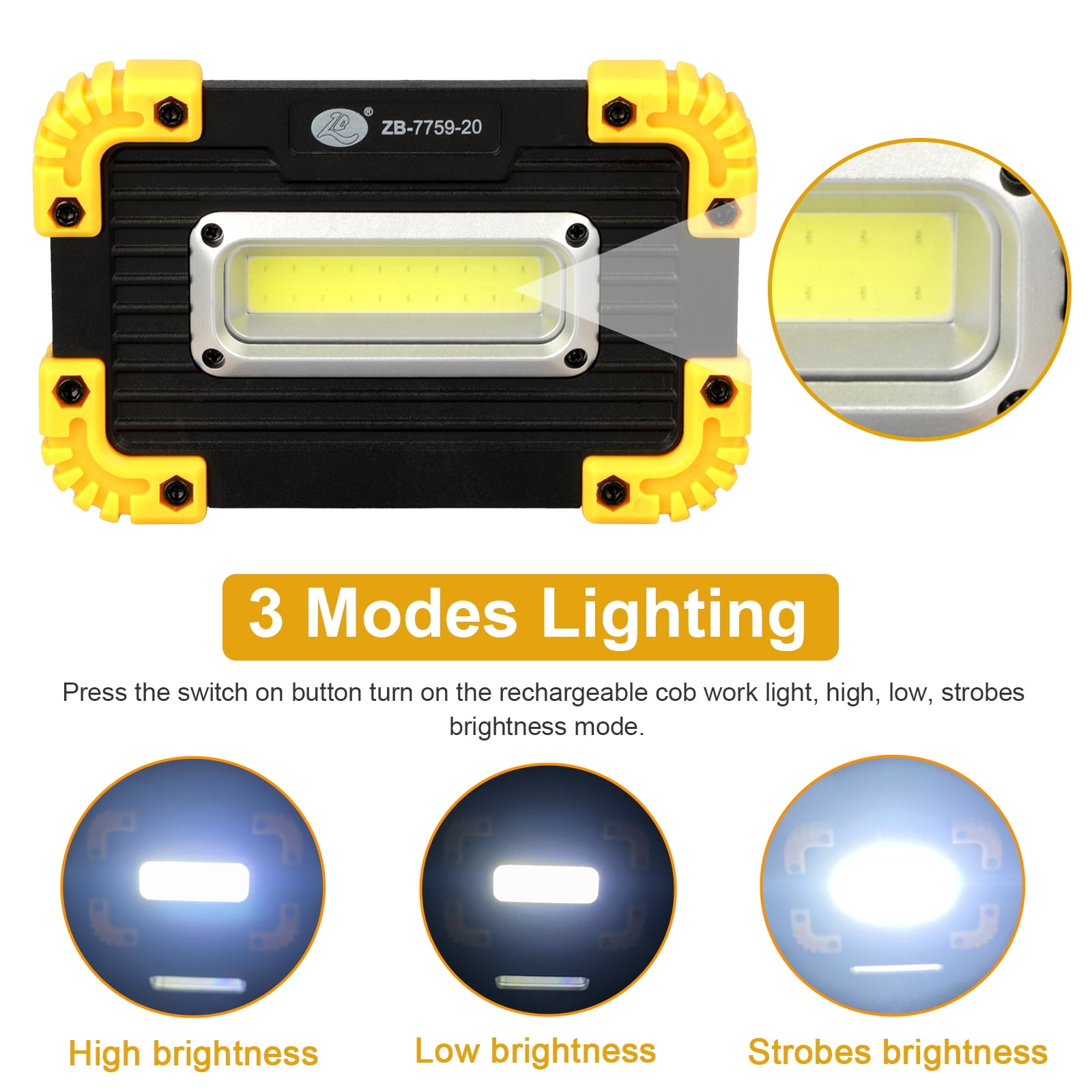 Samyoung Rechargeable Work Light, 3000 Lumen LED Work Light with Spot &  Flood COB, 180 Rotating Mechanic Light IP65 Waterproof for Job Site  Lighting