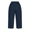 thumbnail image 5 of Wyobmus Women Capri Pants Elastic Waisted Wide Leg Summer Linen Palazzo Trousers 3/4 Breathable High Waist Loose Pants S-3X Navy, 5 of 7