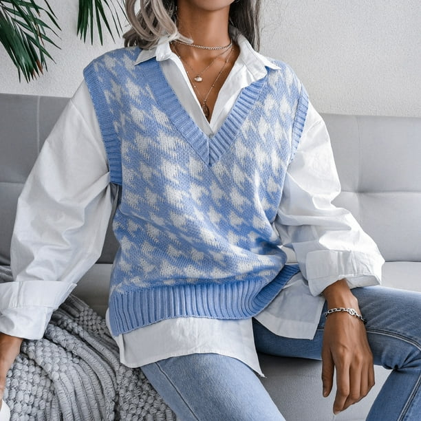 V Neck Houndstooth Casual Loose Knit Vest Sweater Vest Women S