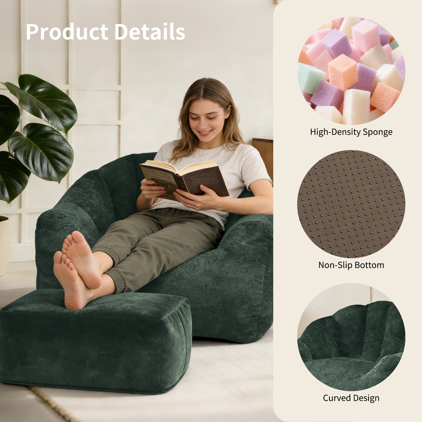 Bean Bag Chair, Lazy Sofa, Armrest Bean Bag with High-Density Memory Foam Fill, Removable Washable Flannelette Cover, No-Assembly Floor Seating for Living Room Bedroom, Green 39.4x34.3x25.6in