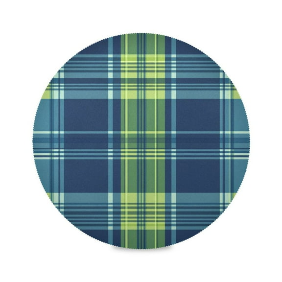 WOBOGO Blue Green Plaid Round Placemats Set of 6 Heat Resistant Washable Kitchen Table Decorations 15.4in