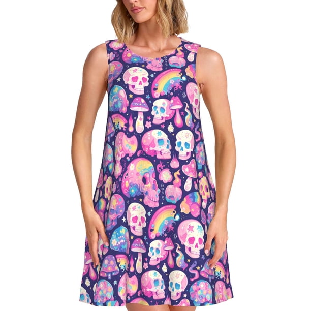 Fotbe cartoon rainbow Skull Vestido de Verano sin Mangas para Mujer – Vestido Midi Línea A, Estilo Camiseta Floral, Vestido Playero Casual y Fluido