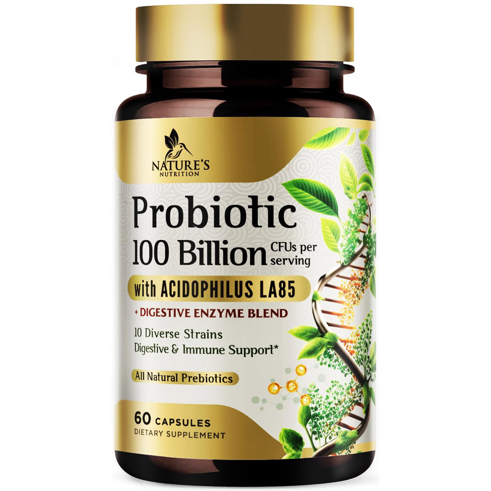 Premium Probiotics - 100 Billion CFU Per Serving - 10 Strains + Prebiotics - Best Women & Men's Gut Health Supplement, Supports Immune - Digestive Health & Occasional Constipation & Gas - 60 Capsules