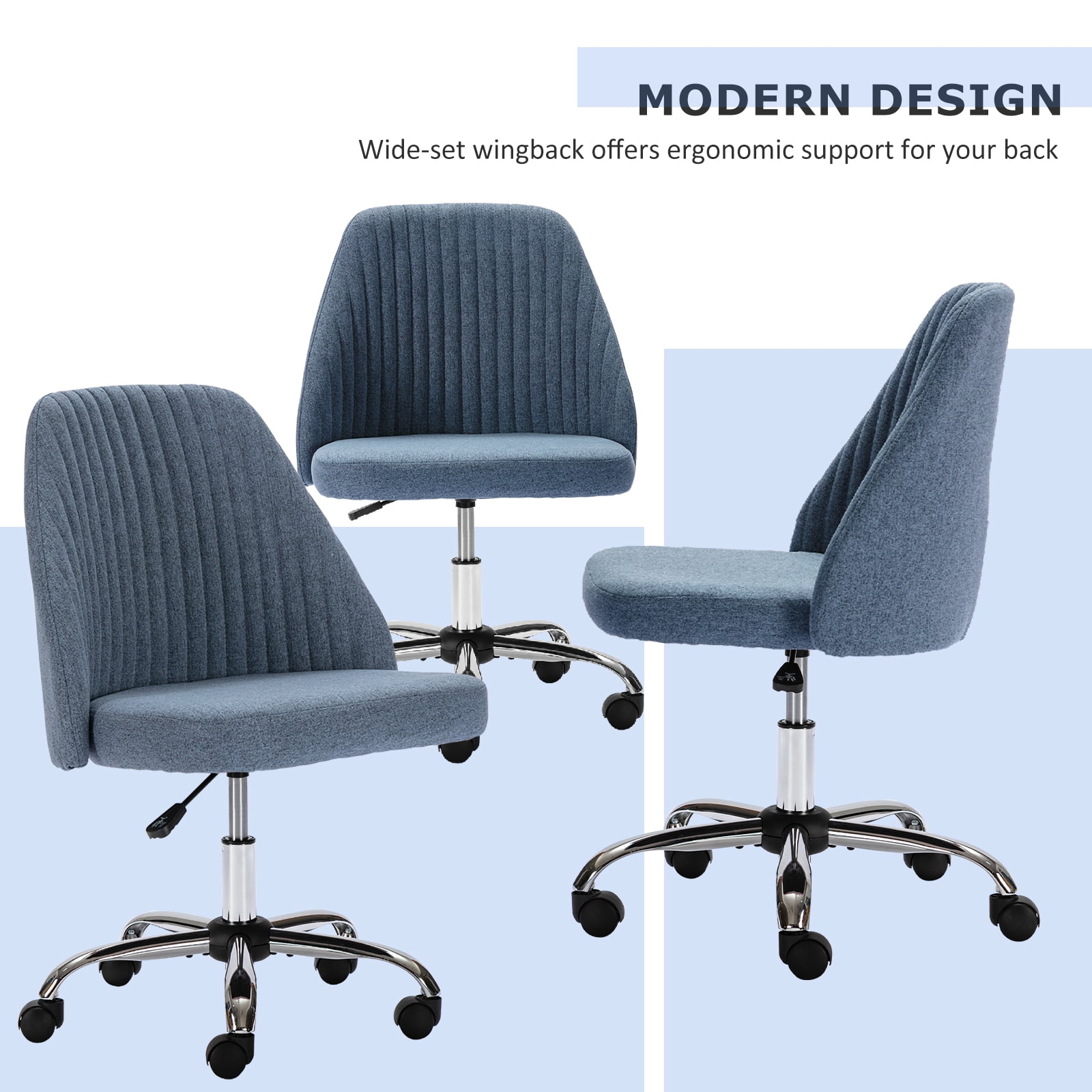 Home Office Chair, Mid Back Armless Fabric Upholstered Desk Chair with Wheels Adjustable Swivel Vanity Chair for Bedroom,Living Room, Blue