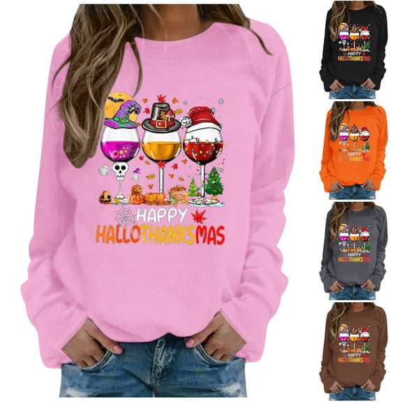 WEIWEN Happy Hallothanksmas Halloween Sweatshirts for Women Thanksgiving Christmas Graphic Fall Sweaters for Women Dressy Casual Long Sleeve Outfits Women's Clothing Coffee, S