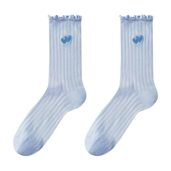 daznei Womens Socks Comfy Crew Socks Cute Love Heart Print Frilly Trim Breathable Ankle Socks Ultra Stretchy Ruffle Mid Cut Cotton Sock Blue Free Size