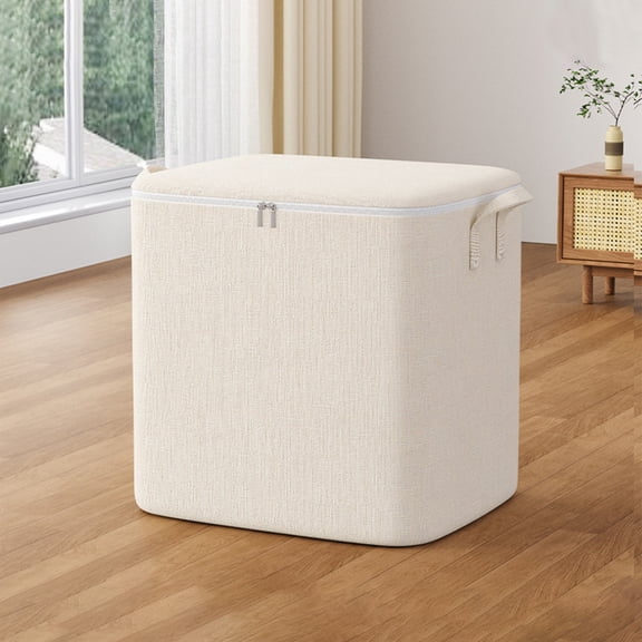 100L Large Clothes Storage Bag with Zipper and Carry Handles, Cotton Linen Fabric Organizer for Blankets and Bedding, Beige