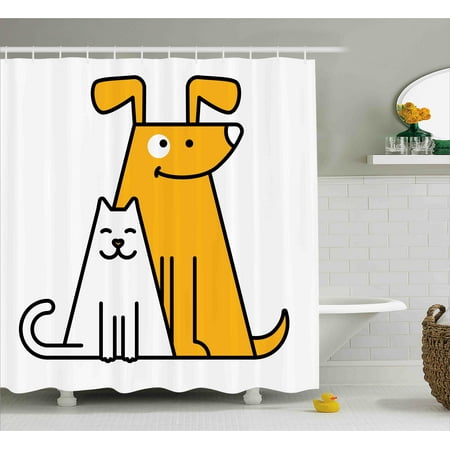 Cartoon Shower Curtain, Cats and Dogs Human Best Friends Forever Kids Nursery Room Art Print, Fabric Bathroom Set with Hooks, Black White and Apricot, by