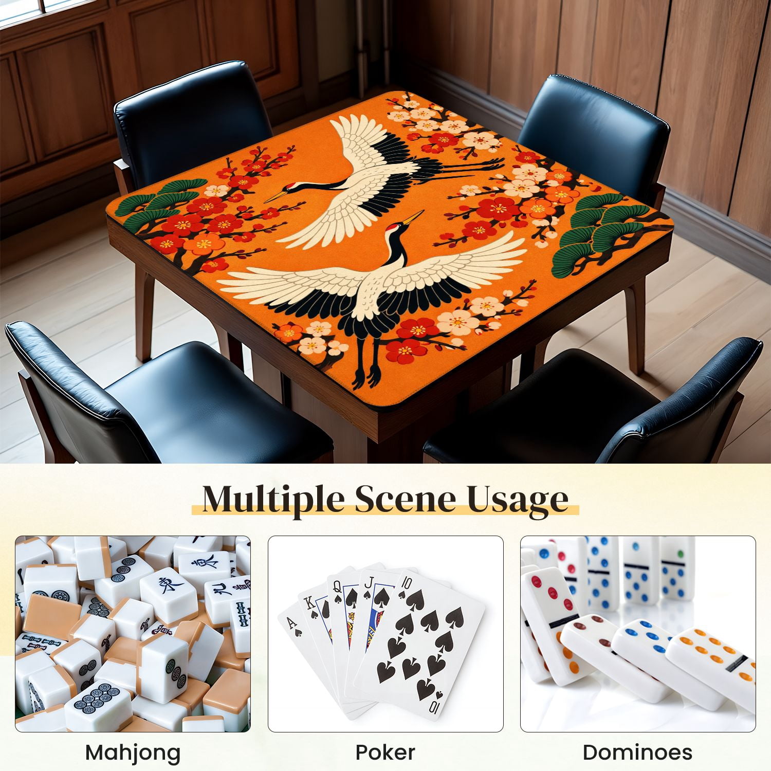 Mahjong Mat 31.5" x 31.5" Cranes Red White Plum Blossoms Traditional Japanese Style Non-Slip Noise Reduction Mahjong Tiles Table Cover for Dominoes Poker Card Board and Tile Games