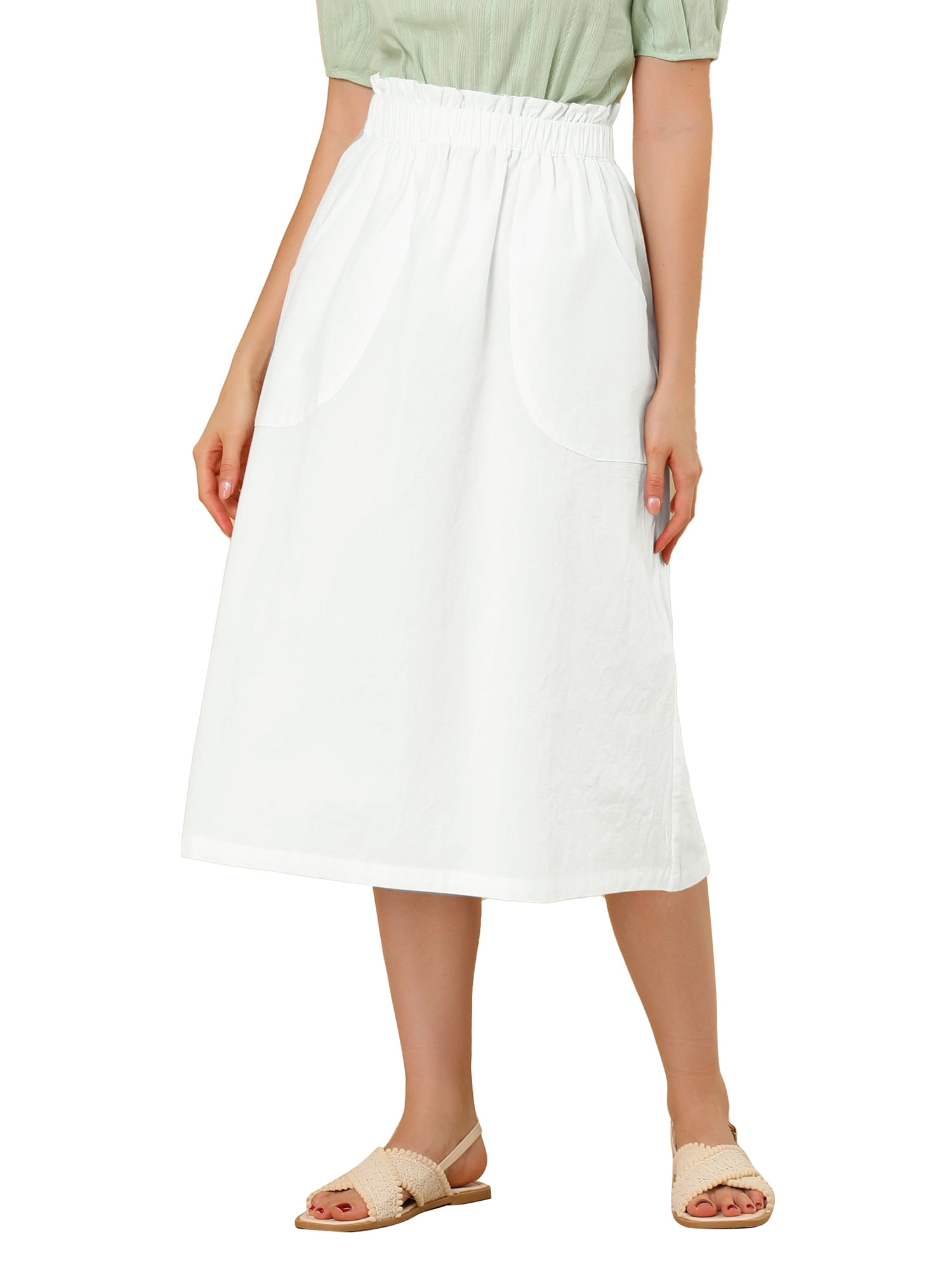 DARING DIVA Women's Cotton A-Line Midi Skirt with Pockets S White
