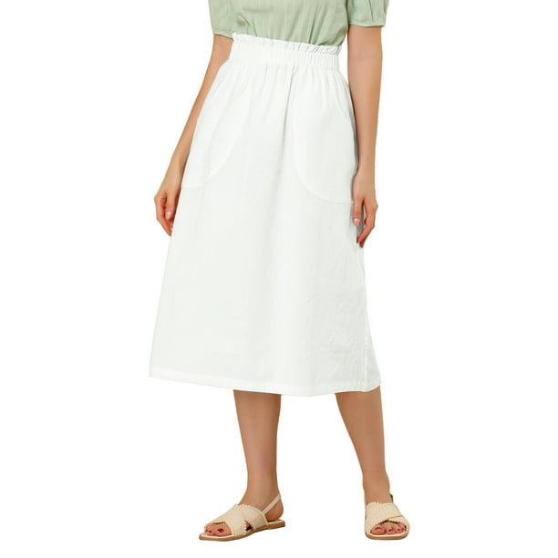 Falda de algodón para mujer INSPIRE CHIC con cintura elástica, falda midi tipo campesina A-Line con bolsillos 3XL blanca