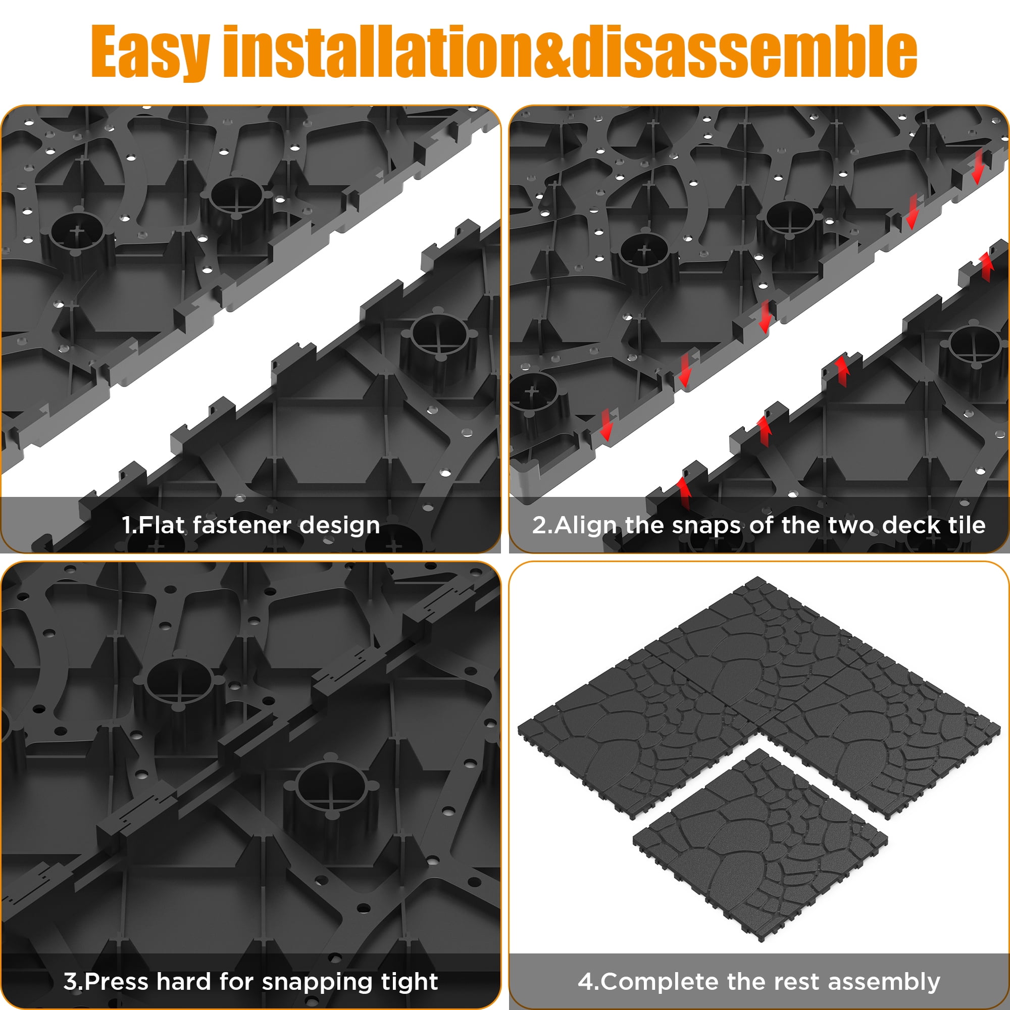 12" Stone Texture Dark Gray Interlocking Patio Deck Tiles 44pcs PP Material DIY Floor Tiles for Porch Poolside Balcony Backyard Indoor & Outdoor Use