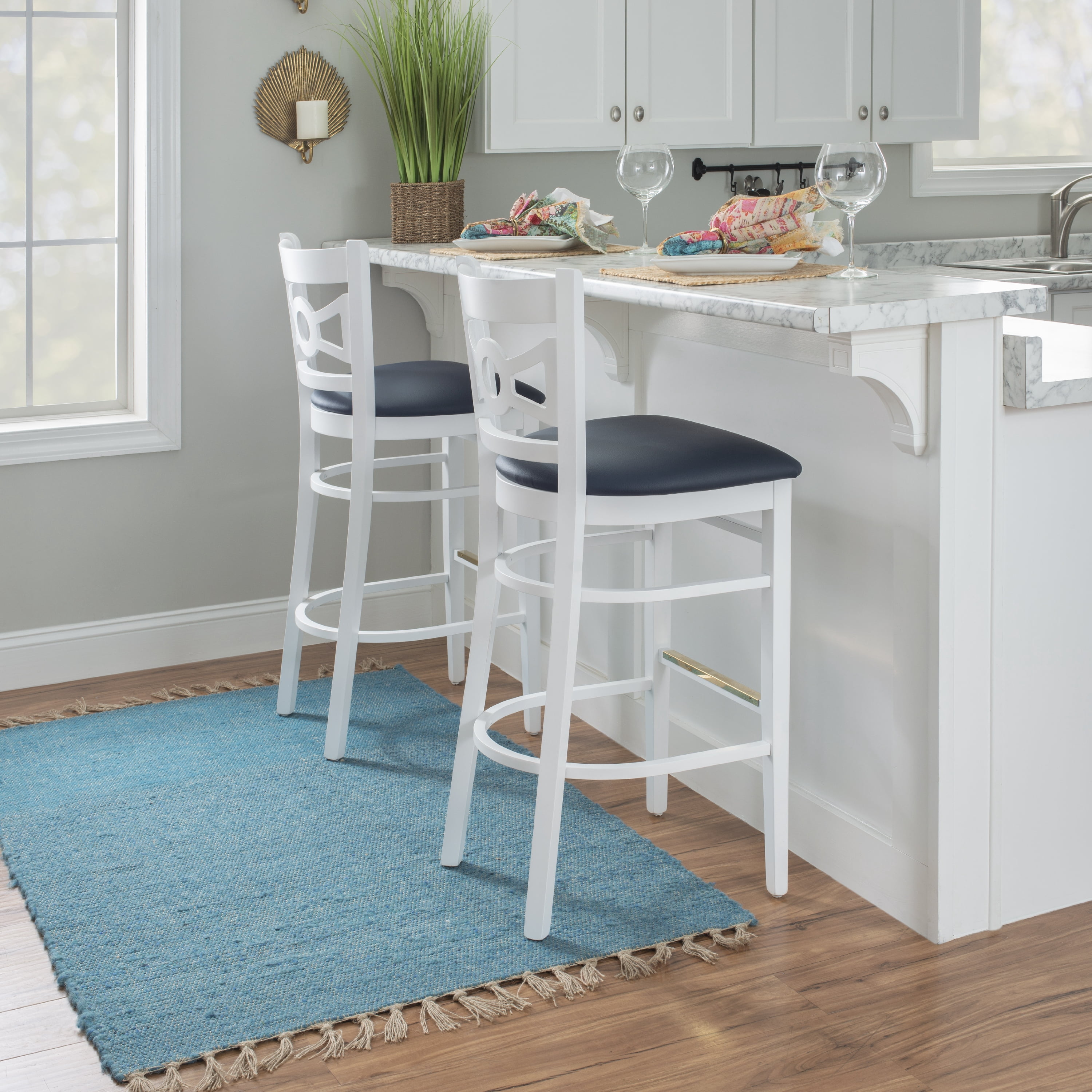 Linon Tabitha 31" Bar Stools, Classic White Finish with Navy Faux Leather, Set of 2