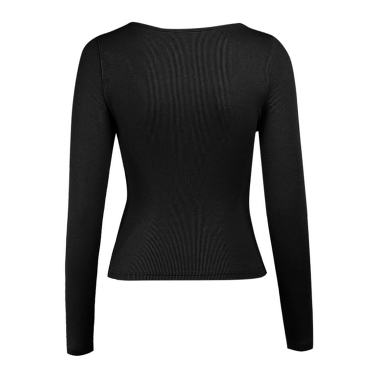 iOPQO long sleeve shirts for women Women Autumn Chest Cutout Long-sleeved  Ribbed Tops Women Casual Tops Black L