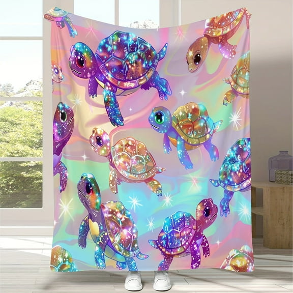 Colorful Turtle Fantasy Flannel Blanket – Soft, Cozy Throw with Whimsical Starry Turtle Design – Perfect Gift for Friends, All Seasons, Polyester Material