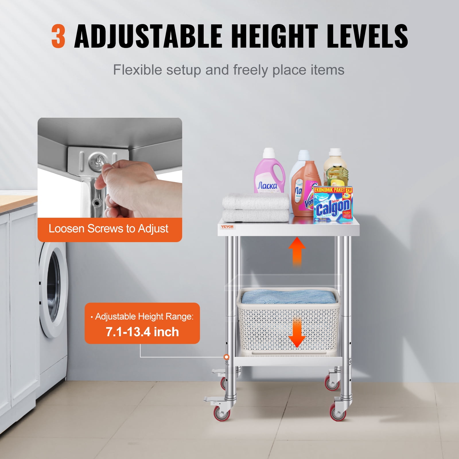 VEVOR Stainless Steel Work Table 24 x 18 x 34 Inch, 700 LBS Load Capacity with 4 Wheels, 3 Adjustable Height Levels, Heavy Duty Food Prep Worktable for Commercial Kitchen Restaurant, Silver