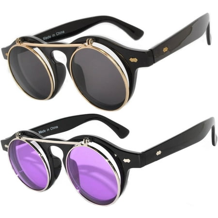 Flip Up Steampunk Vintage Retro Round Circle Gothic Hippie Colored Plastic Frame Sunglasses Colored Lens OWL (2 Pack)