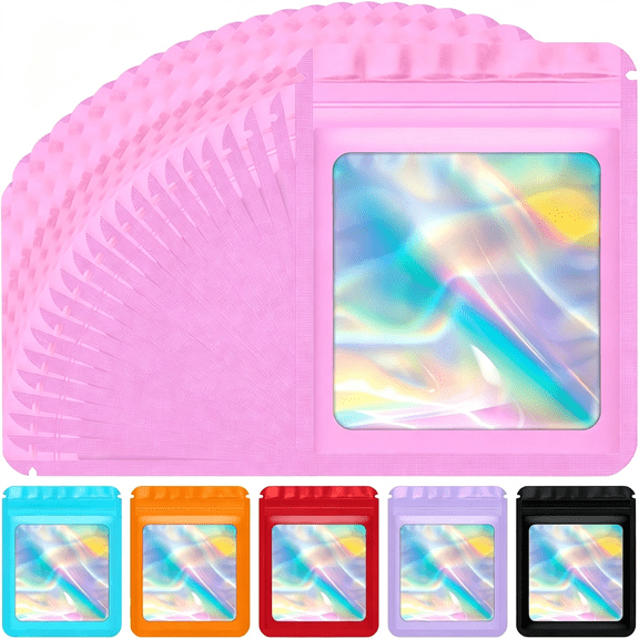 BPPEG 100 Pack Holographic Mylar Bags, Freshie Bags (Pink) | Sample Bags Hold Jewelry and Freshies, Resealable Bags Support Reuse, While Holographic Bags Brighten Display
