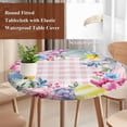 thumbnail image 3 of Round Table Cover 55-60 Inch Easter Waterproof Reusable Table Cloth Round Fitted Vinyl Tablecloth with Elastic Edged for Parties Outdoors, Watercolor Eggs Floral Leaves Botanical Pink Plaid, 3 of 3