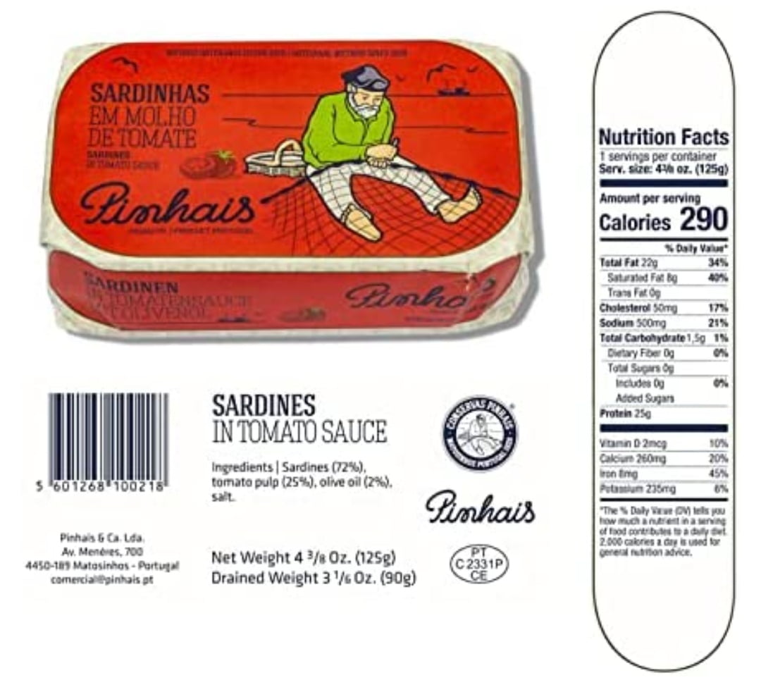 Pinhais Canned Sardines Variety Pack 4.4 oz- Virgin Olive Oil Regular (1), Virgin Olive Oil Spicy (1), Tomato Sauce Regular (1) and Tomato Sauce Spicy (1) (Pack of 4) Bonus mints  included!