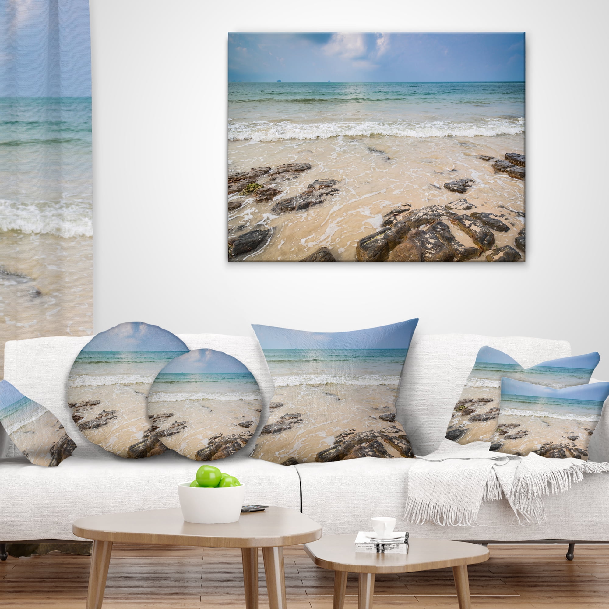 Designart Rocks on Typical Tropical Beach - Beach Photo Throw Pillow - 18x18